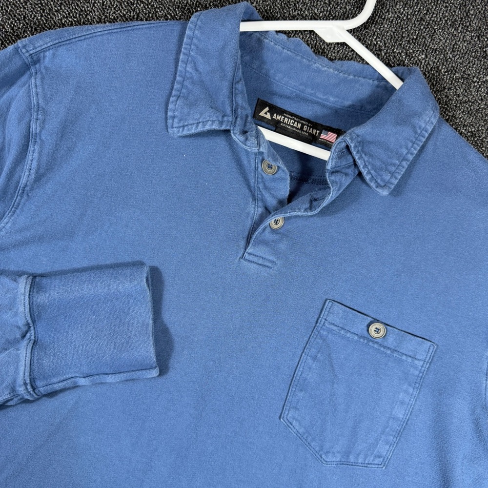 American Giant Mens Long Sleeve Polo Shirt Blue Cotton Pocket Made in USA Large